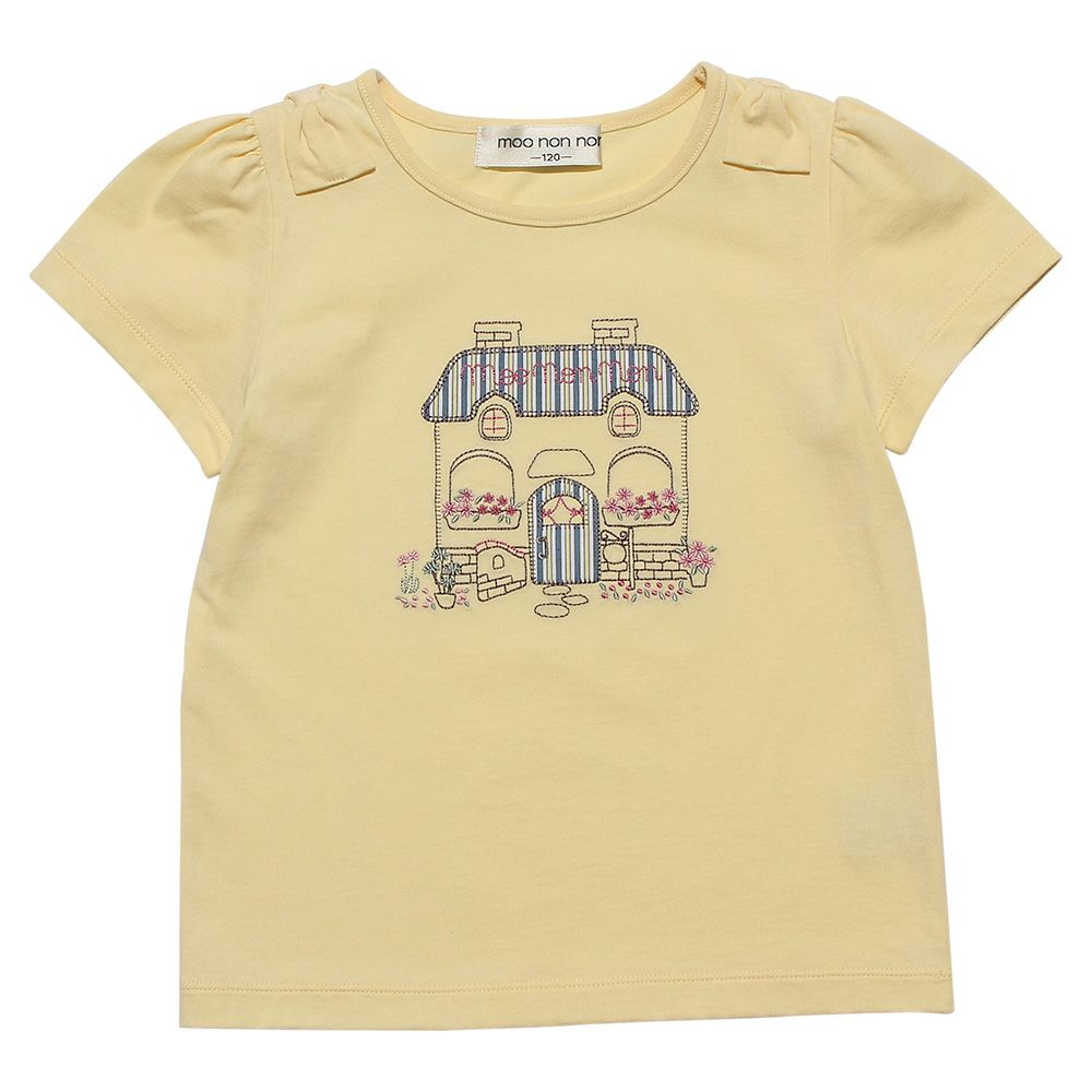 100 % cotton house with flowers embroidery T -shirt Yellow front