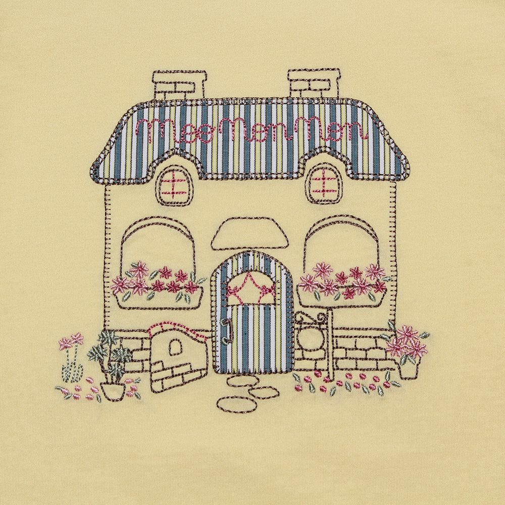 100 % cotton house with flowers embroidery T -shirt Yellow Design point 1