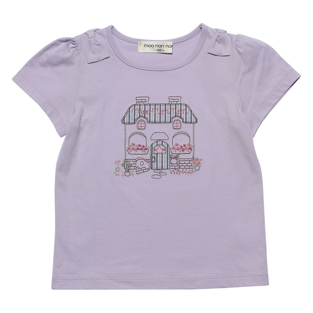 100 % cotton house with flowers embroidery T -shirt Purple front