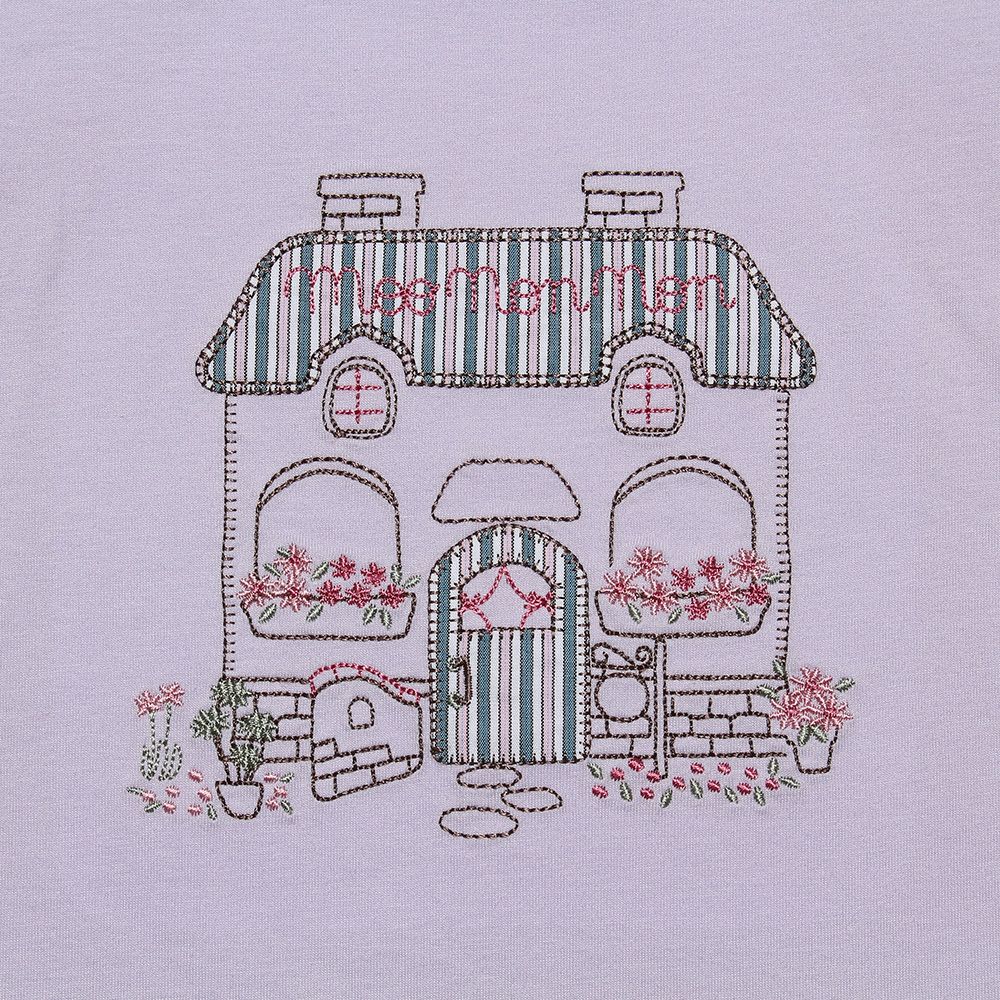 100 % cotton house with flowers embroidery T -shirt Purple Design point 1