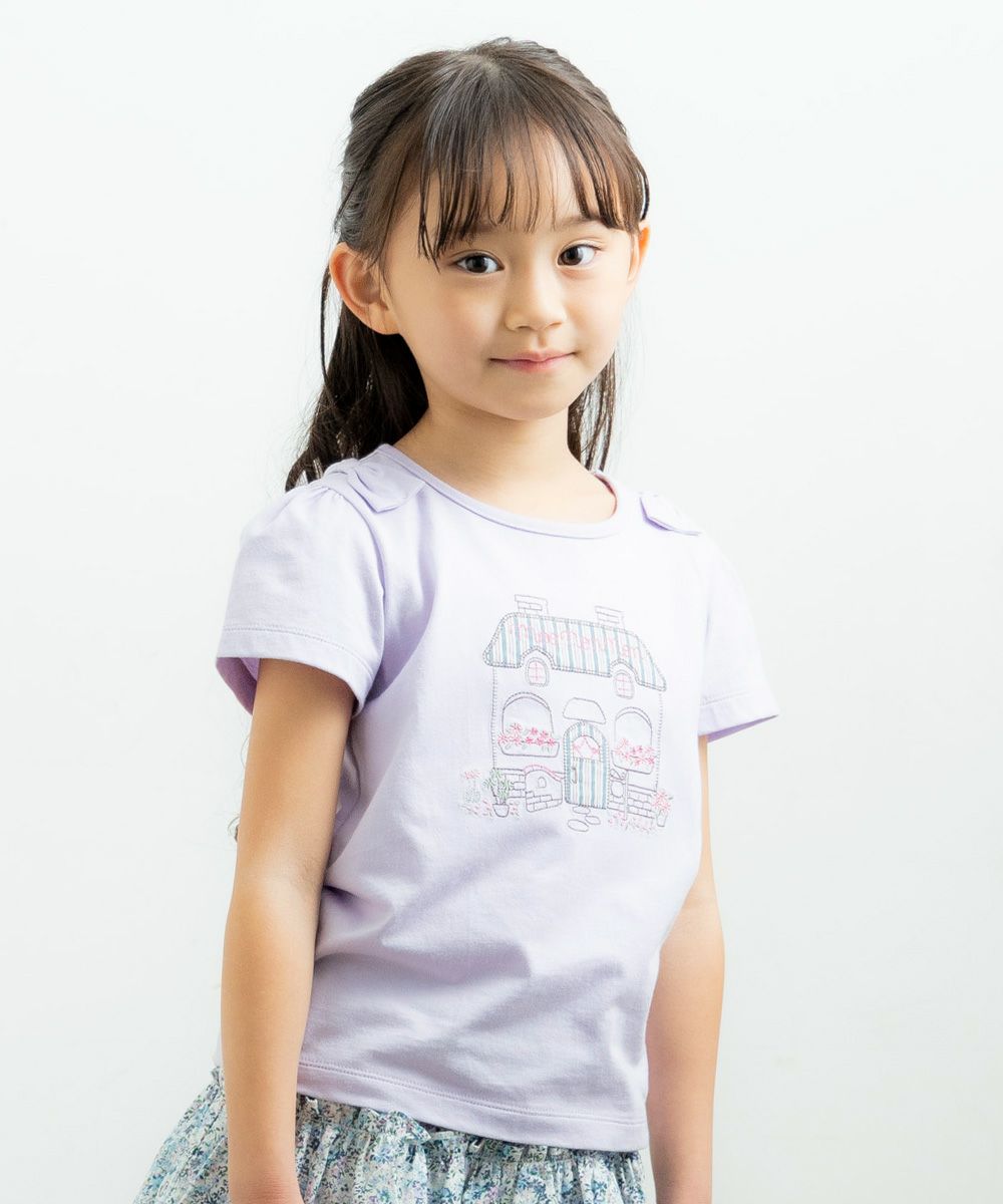 100 % cotton house with flowers embroidery T -shirt Purple model image up