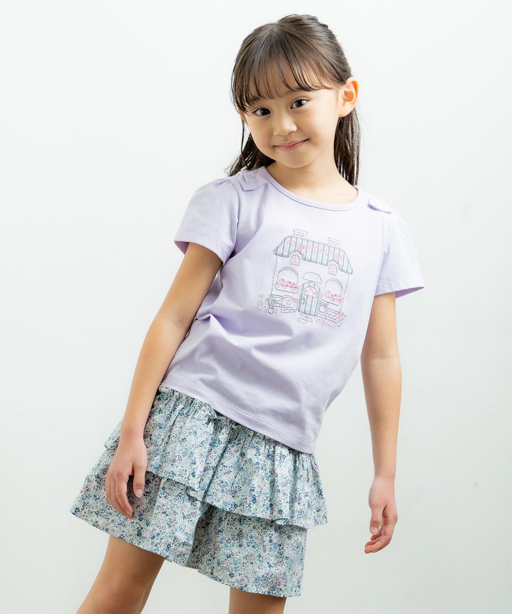 100 % cotton house with flowers embroidery T -shirt Purple model image 1