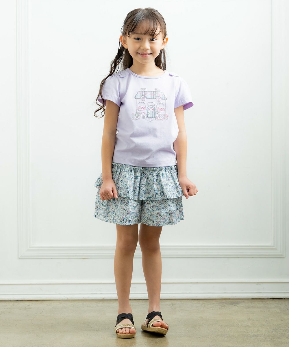 100 % cotton house with flowers embroidery T -shirt Purple model image 4