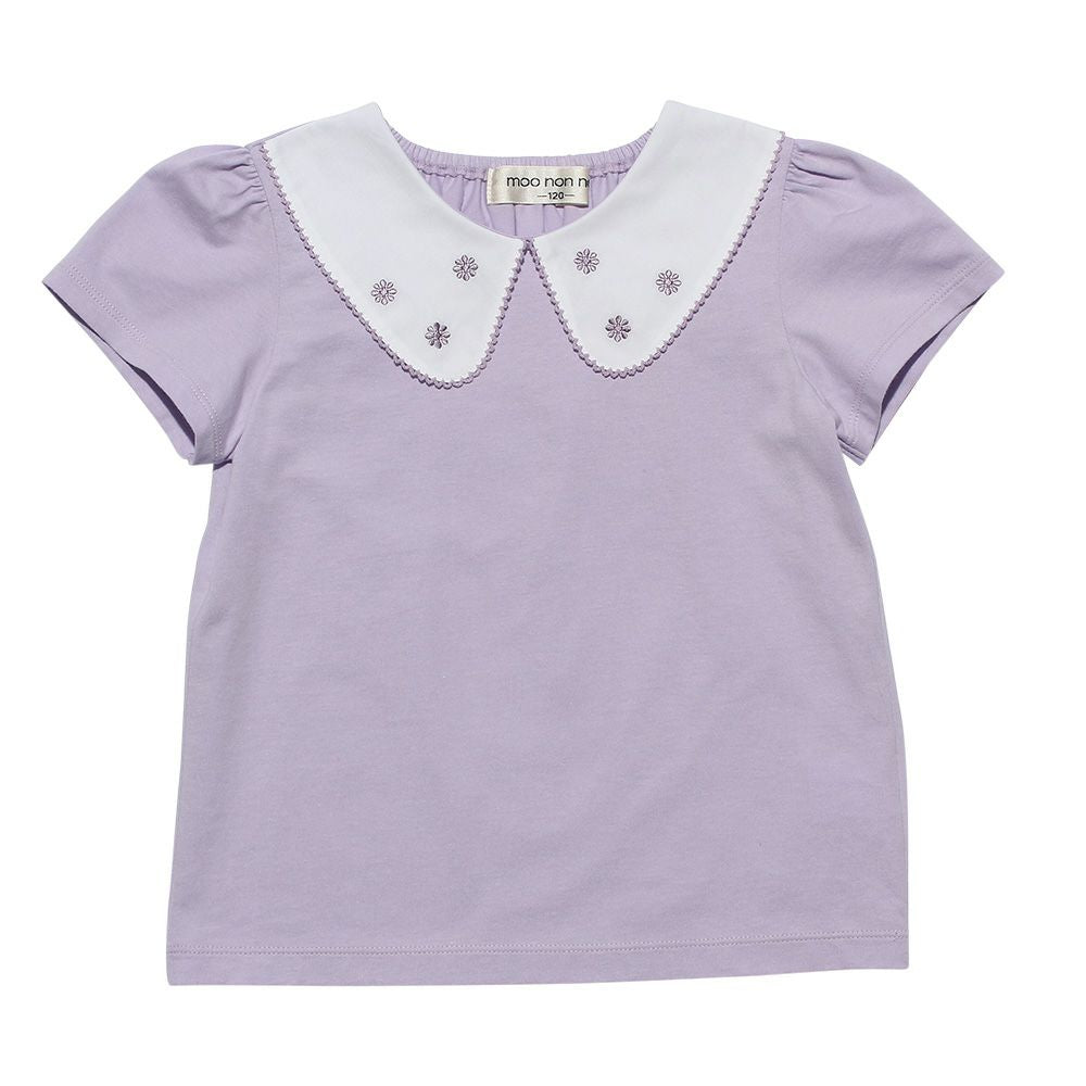 Baby clothes girl 100 % cotton T -shirt purple with flower embroidery collar (91) front