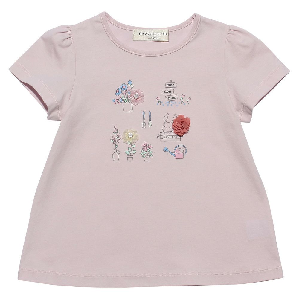 100 % cotton flowers & rabbit print T -shirt Pink front