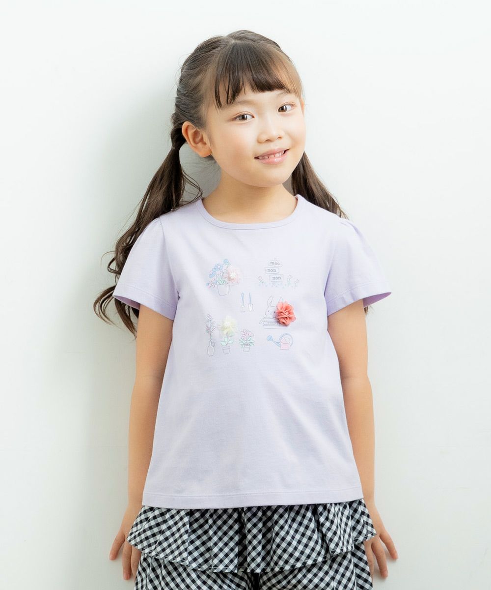 100 % cotton flowers & rabbit print T -shirt Purple model image 1