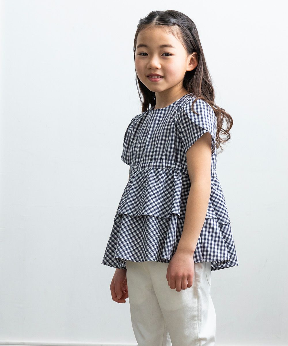 Gingham blouse with frills Navy model image up