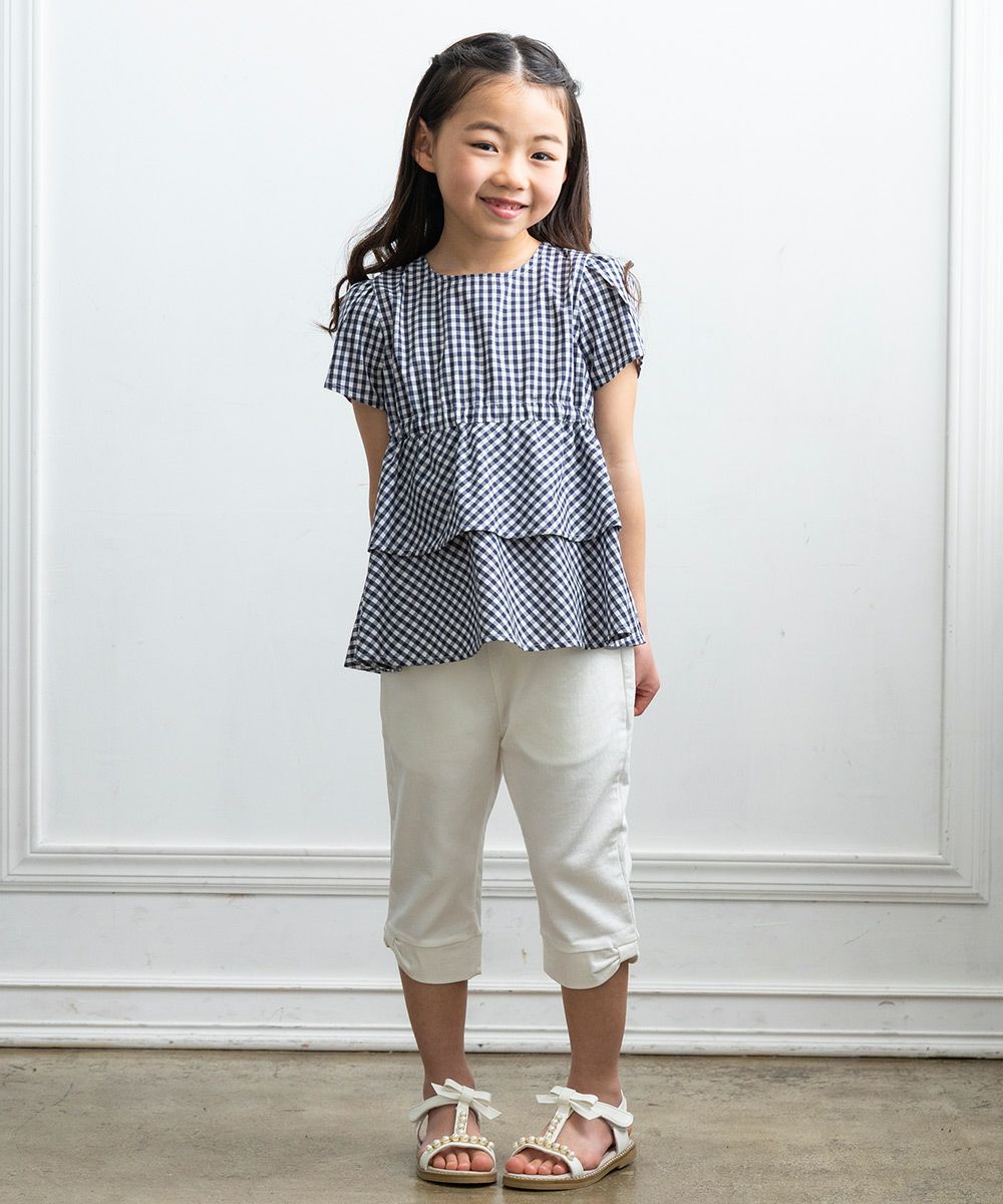 Gingham blouse with frills Navy model image whole body