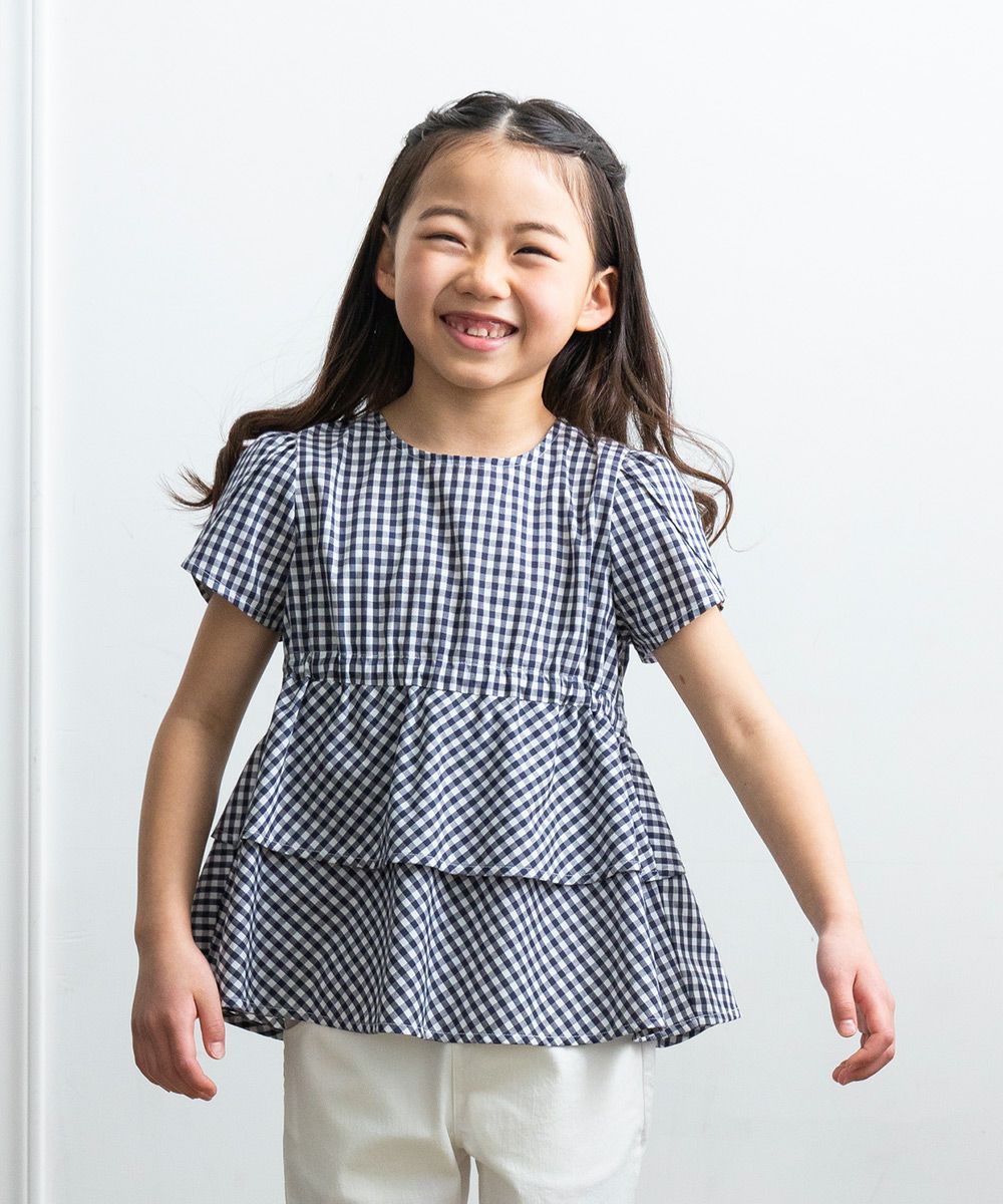 Gingham blouse with frills Navy model image 1