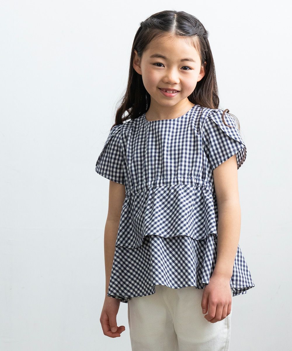 Gingham blouse with frills Navy model image 2