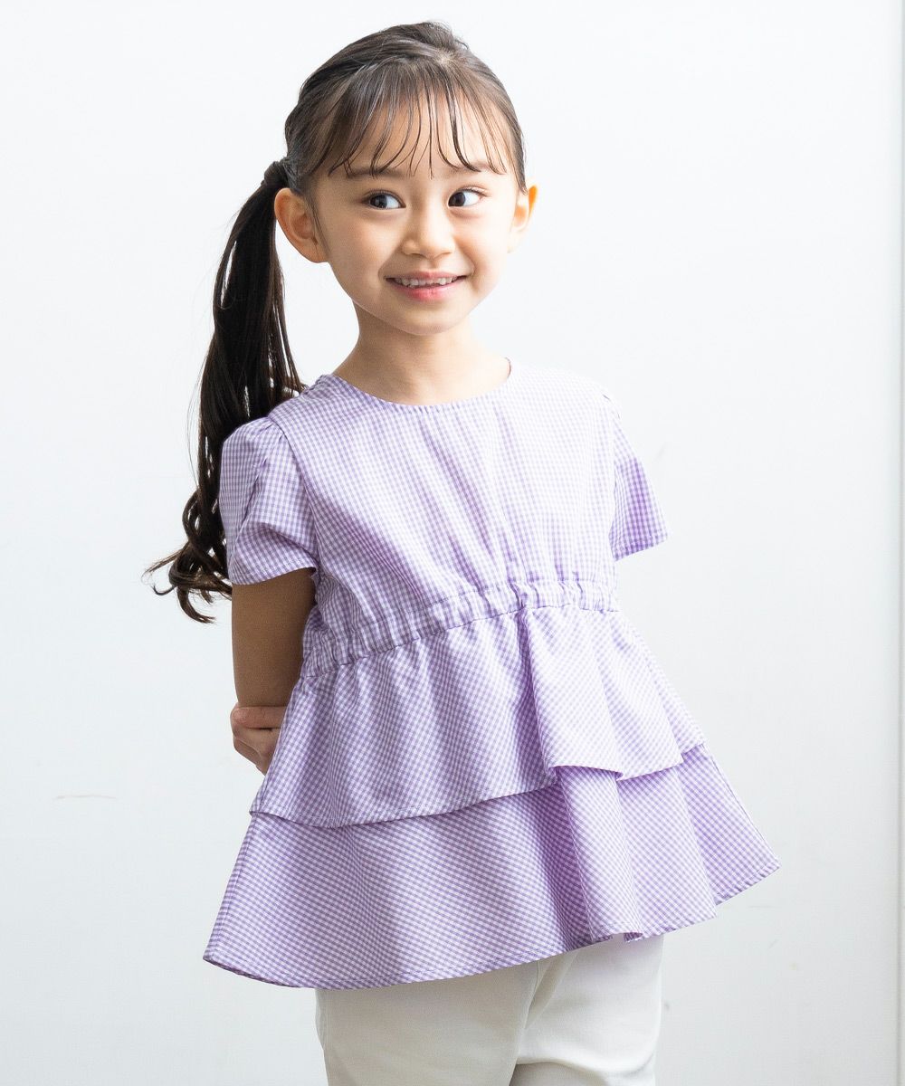 Gingham blouse with frills Purple model image up