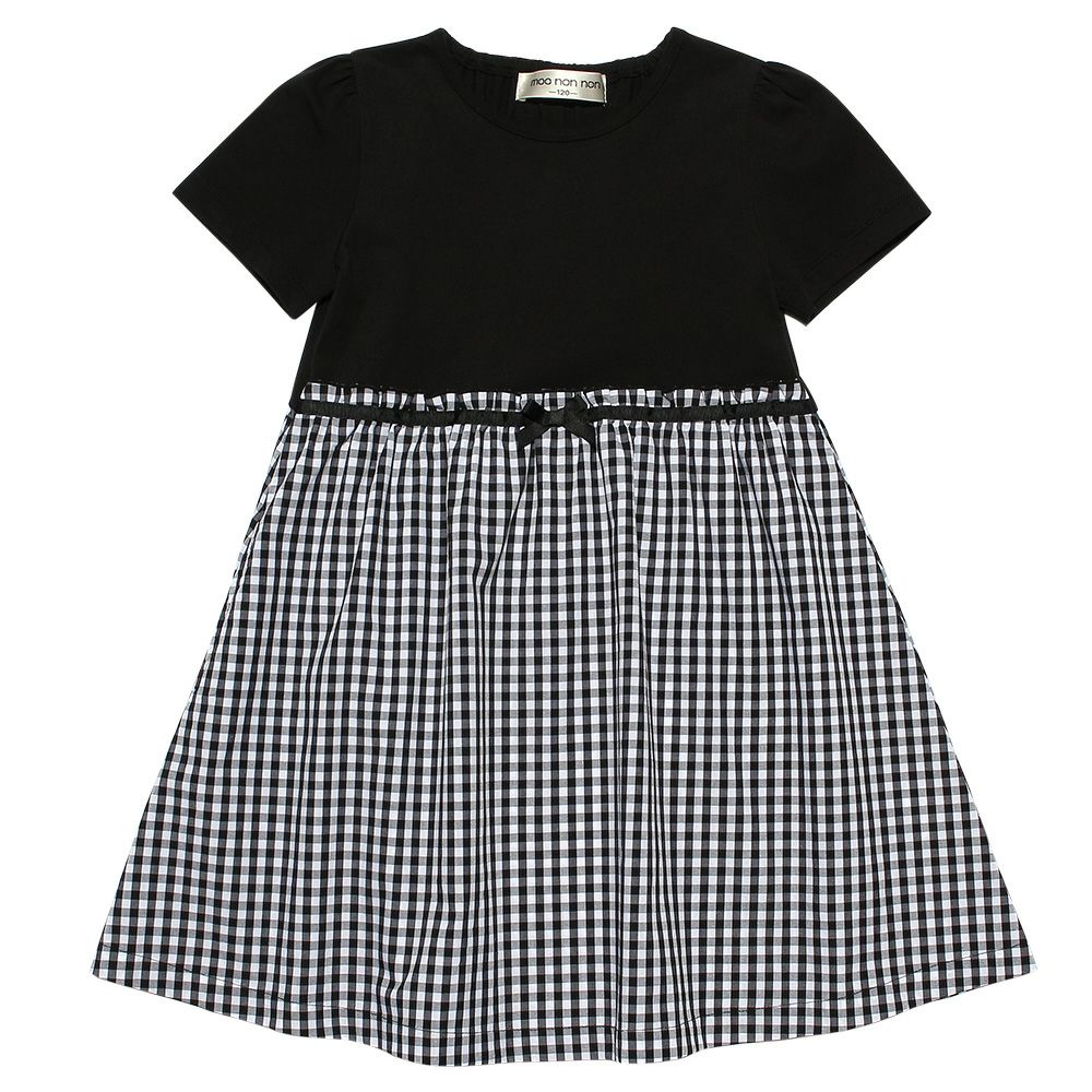 Gingham check contrast fabric dress Black front