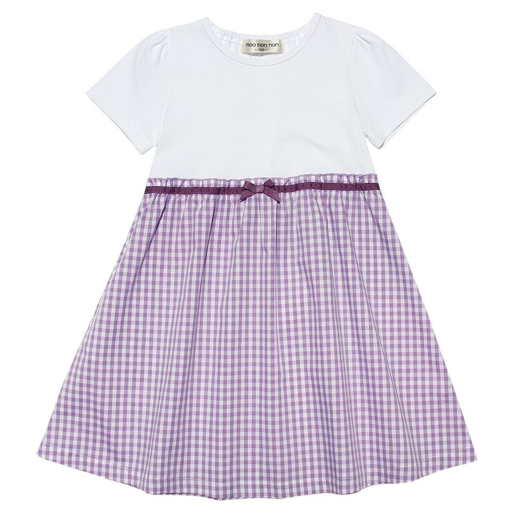 Gingham check contrast fabric dress Purple front