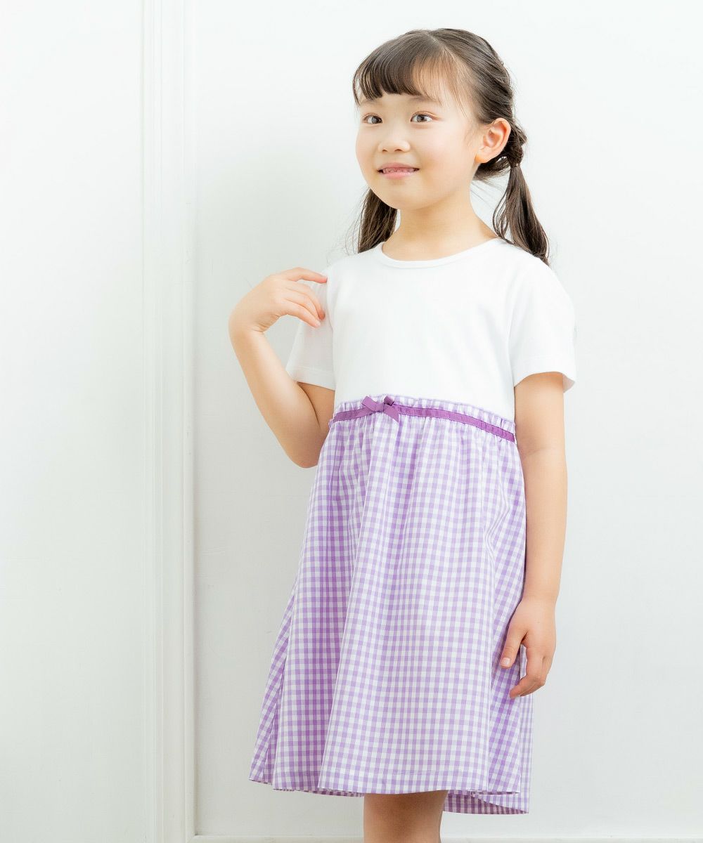 Gingham check contrast fabric dress Purple model image up