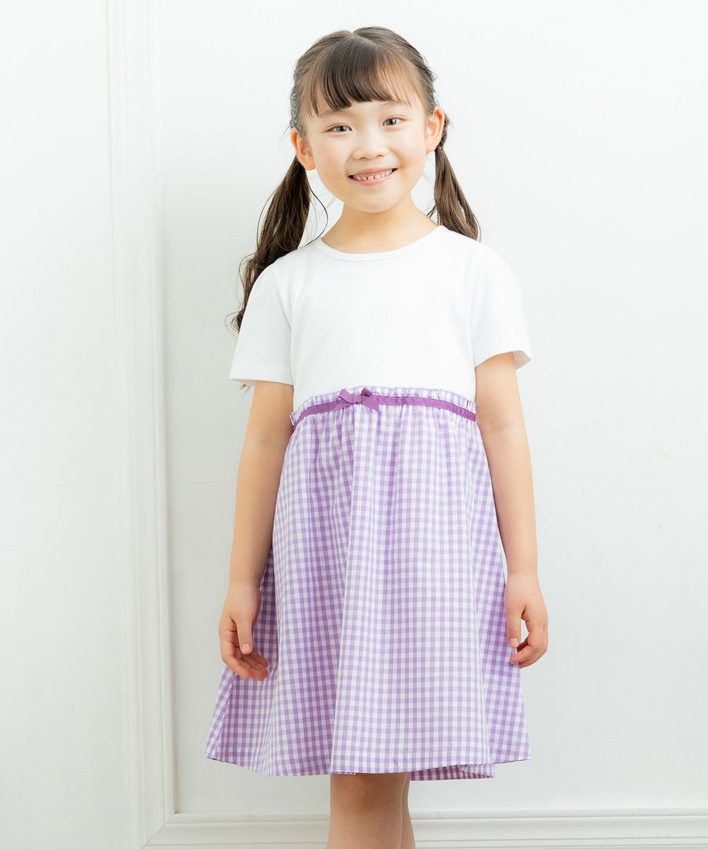 Gingham check contrast fabric dress Purple model image 2