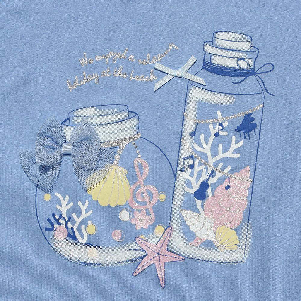 100 % cotton seashell & glass bottle print T -shirt Blue Design point 1