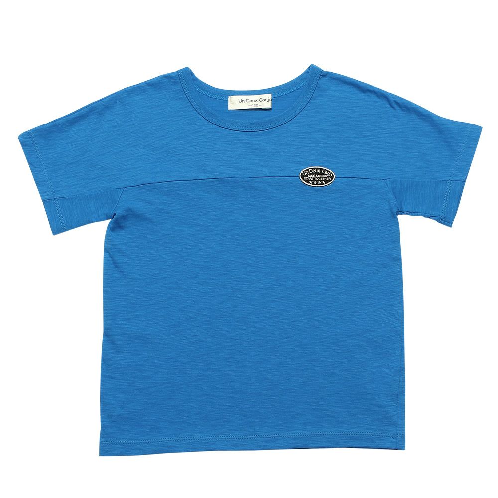 100 % cotton logo patch with back word print T -shirt Blue front