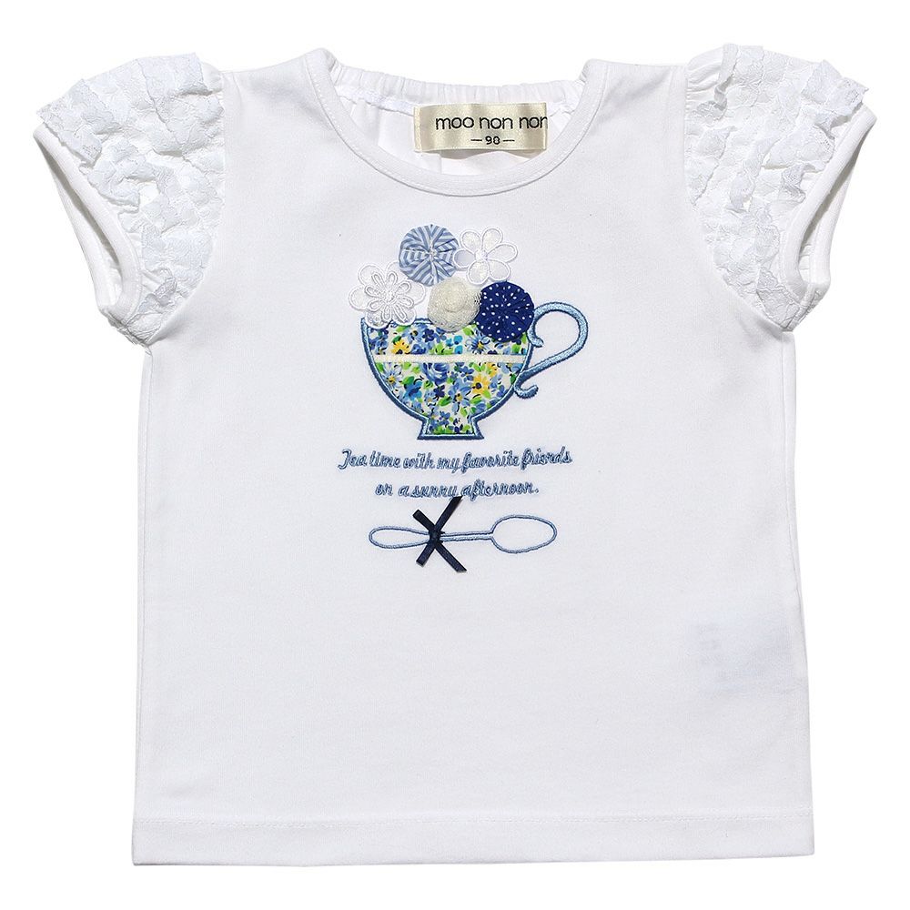 Floral tea cup embroidery T -shirt Off White front
