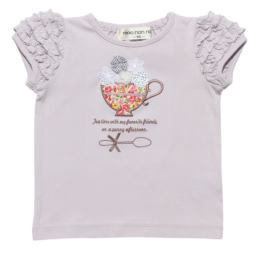 Floral tea cup embroidery T -shirt Purple front