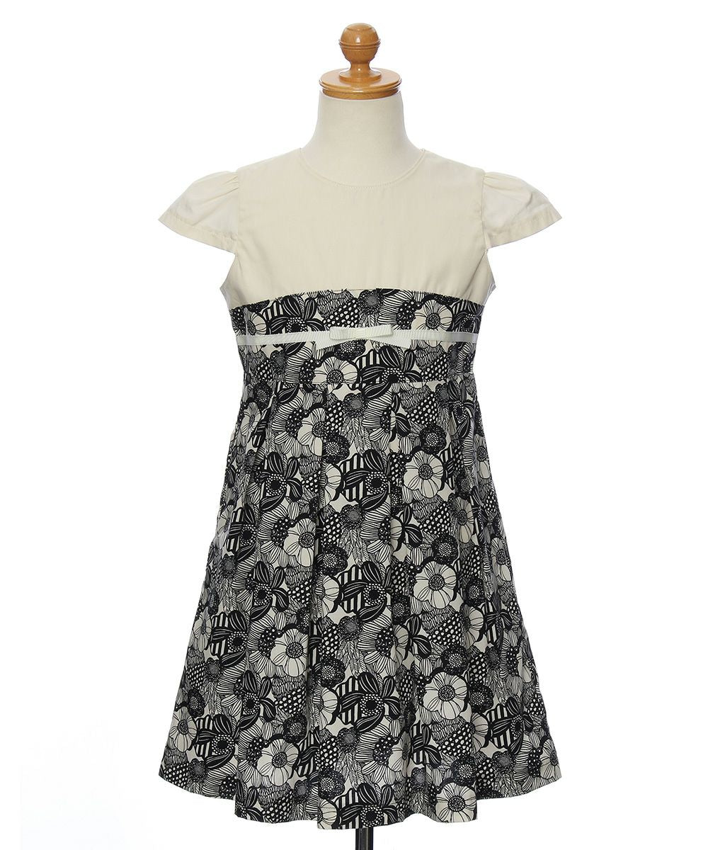 Japan made floral tuck dress with ribbon White/Black torso