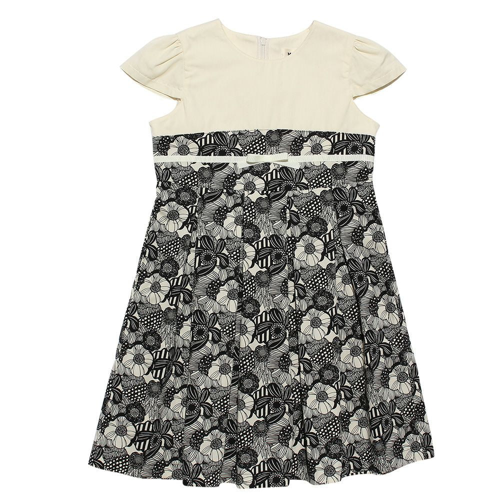 Japan made floral tuck dress with ribbon White/Black front