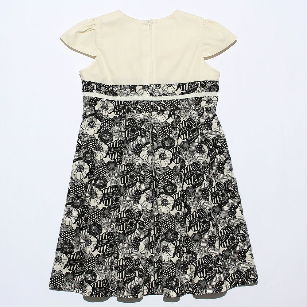 Japan made floral tuck dress with ribbon White/Black back