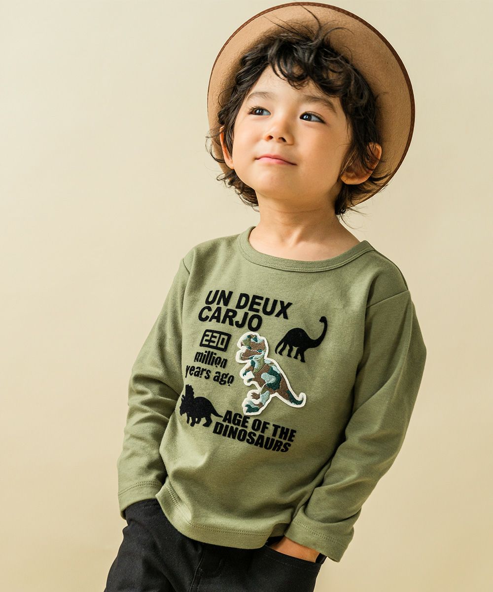 100 % cotton dinosaur flock print T -shirt Khaki model image up