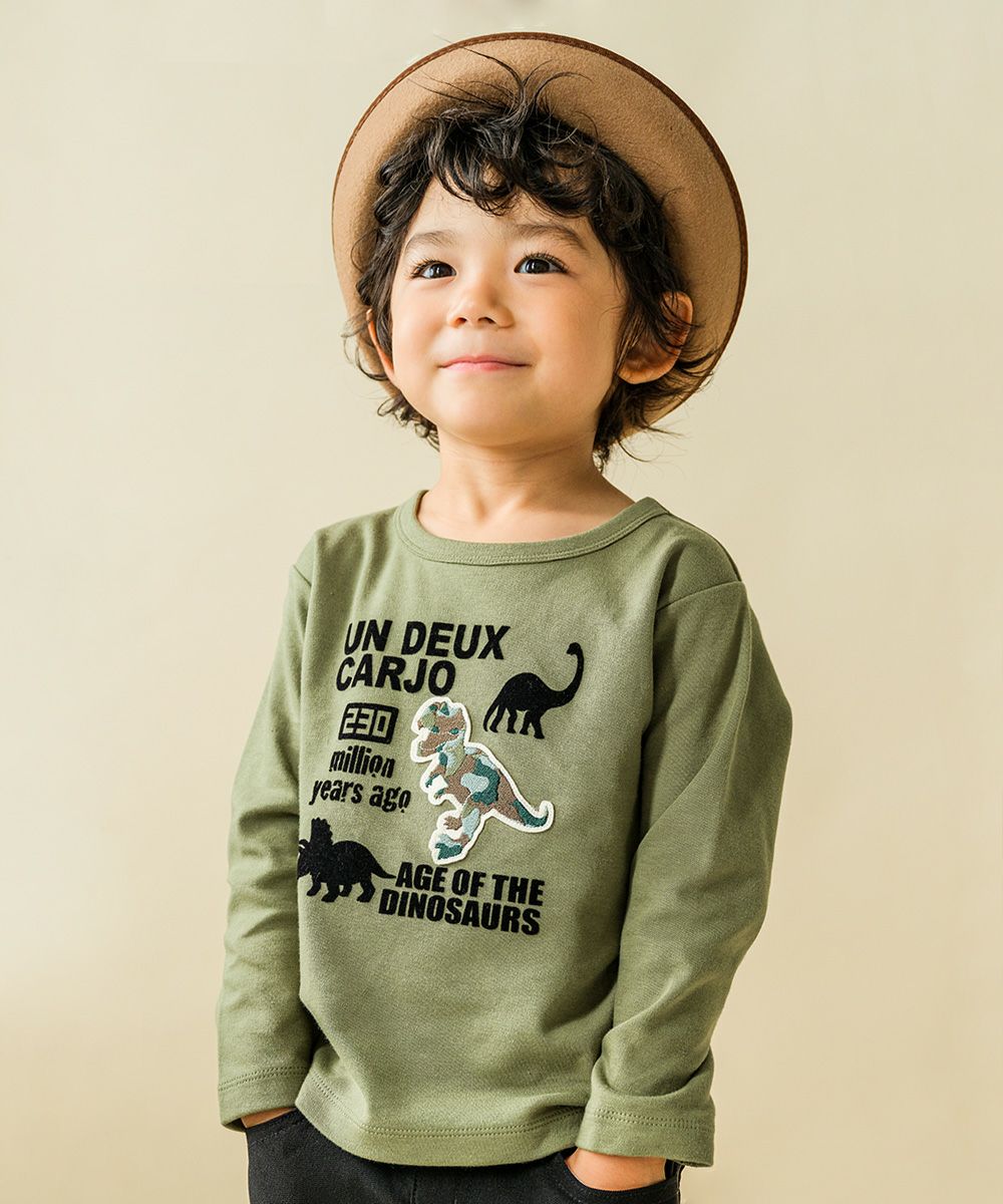 100 % cotton dinosaur flock print T -shirt Khaki model image whole body