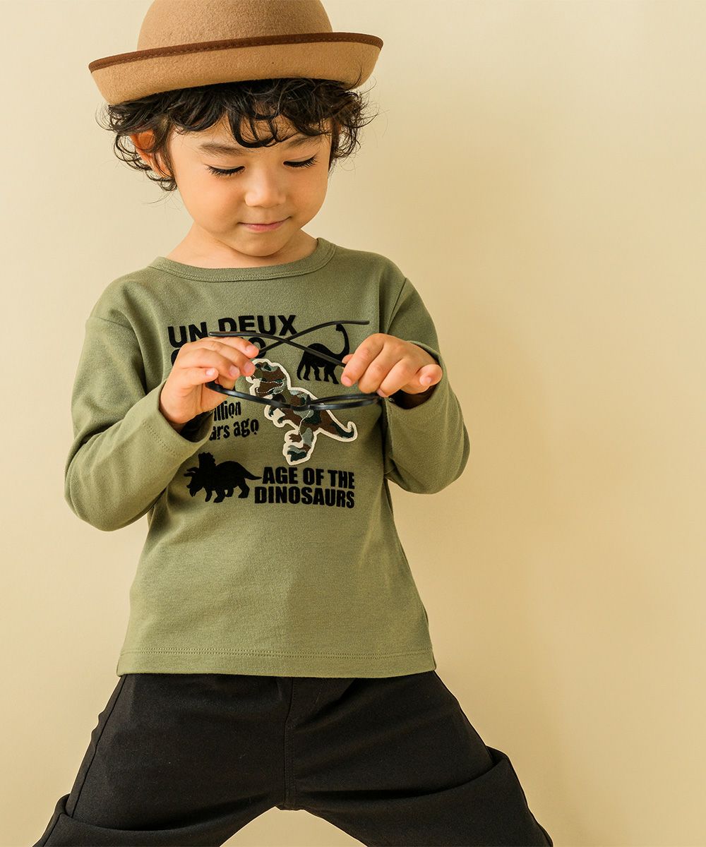 100 % cotton dinosaur flock print T -shirt Khaki model image 4