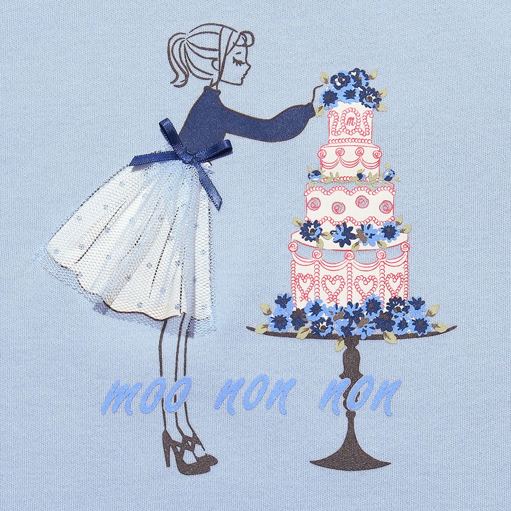 100 % cotton girl motif flower cake T -shirt Blue Design point 1