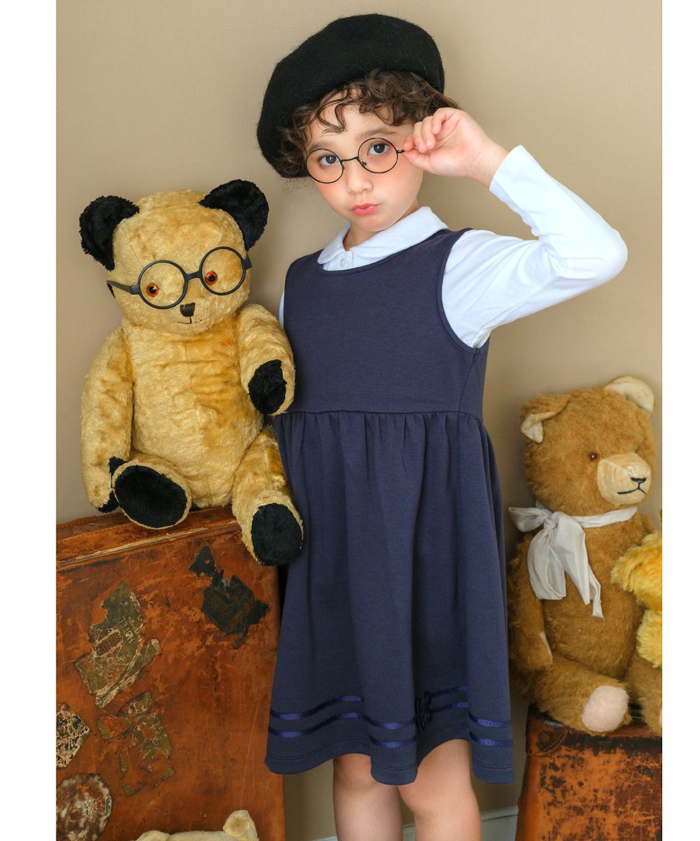 Baby Clothing Girl Double Knit Gather Ribbon A Line One Piece Navy (06) Model Image 1