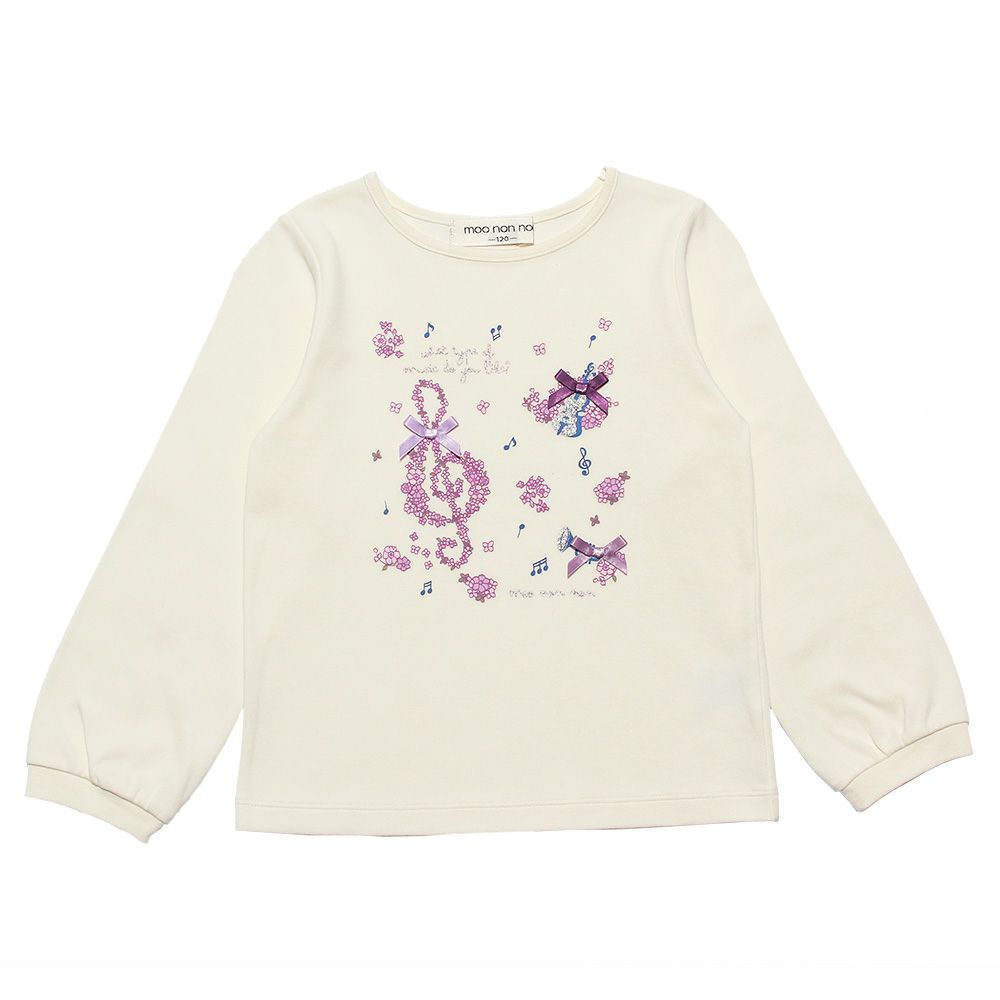 100 % cotton note musical instrument T -shirt with flower print ribbon Off White front