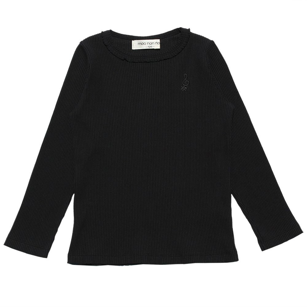 Children's clothing girl note embroidery frill neck T -shirt black (00) front