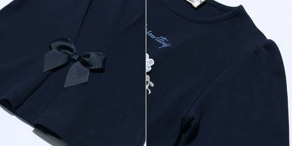 100 % cotton dress logo embroidery ballet shoes ribbon T -shirt Navy Design point 2