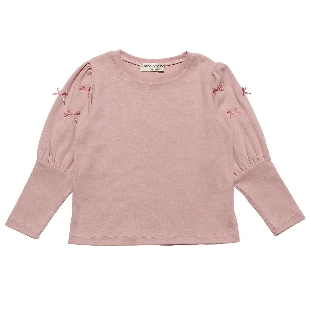 Volume sleeve plain T -shirt with ribbon Pink front