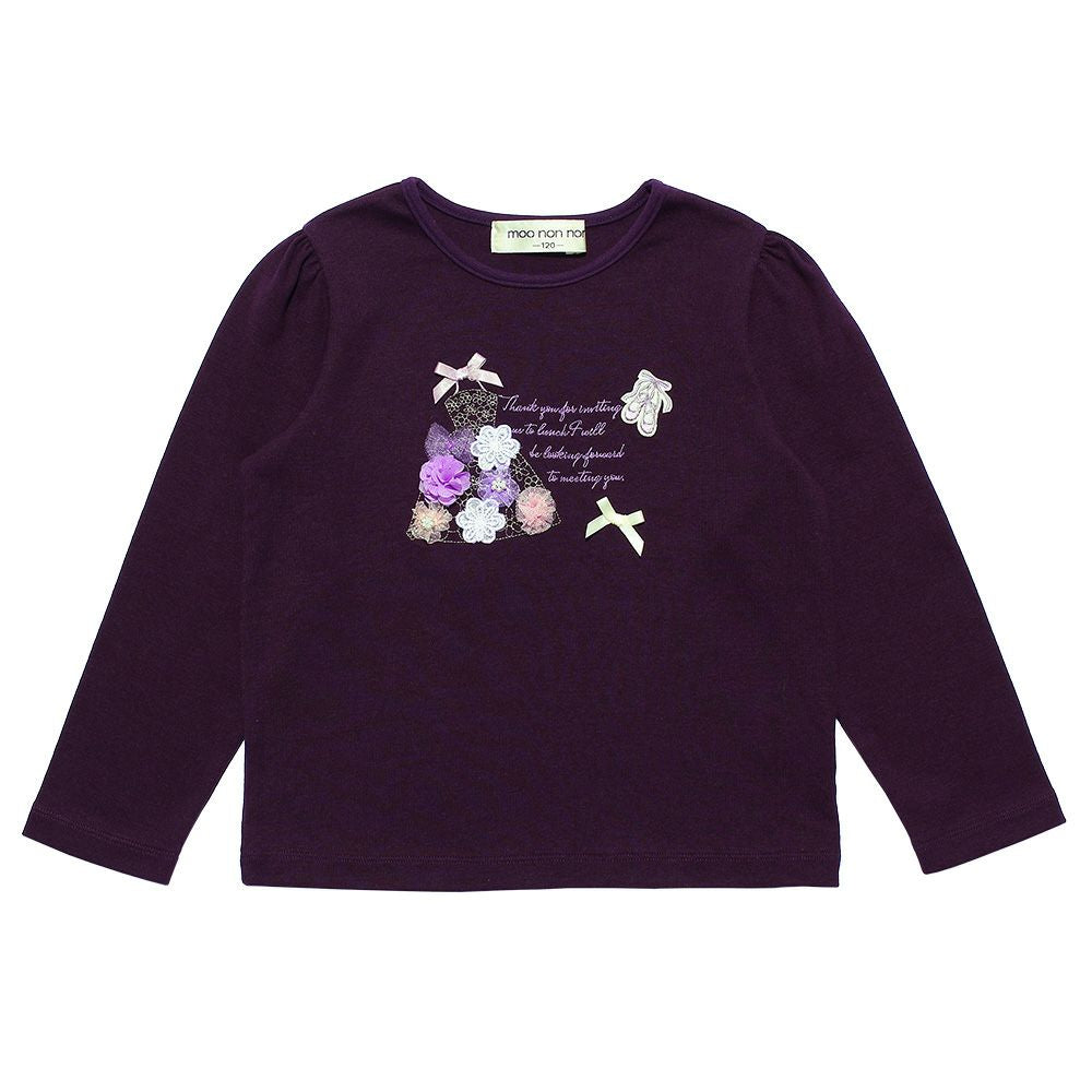 Flower Ribondeless Logo Embroidery Ballet Shoes T -shirt Purple front