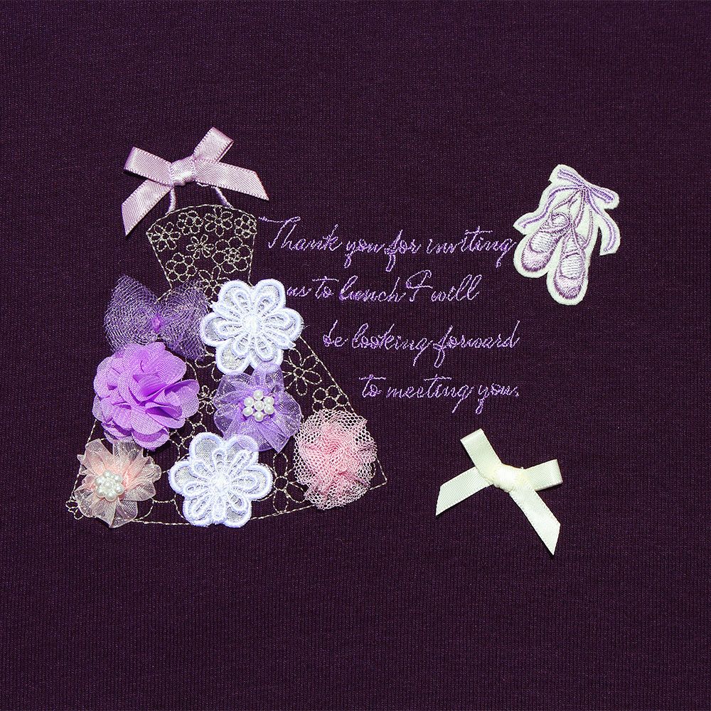 Flower Ribondeless Logo Embroidery Ballet Shoes T -shirt Purple Design point 1