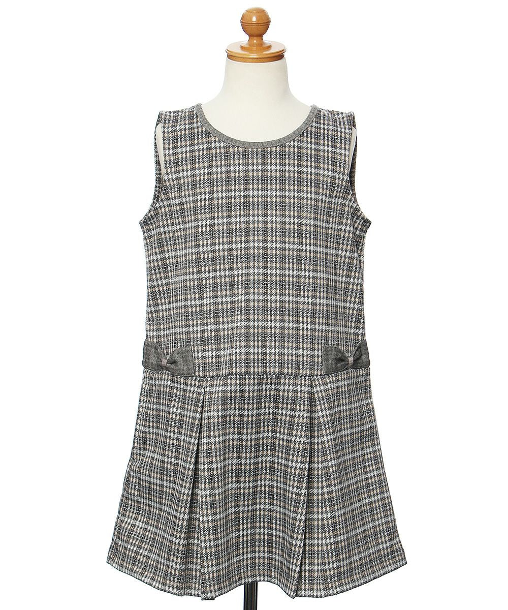 Pleated with check pattern Ribbon A line dress Gray torso