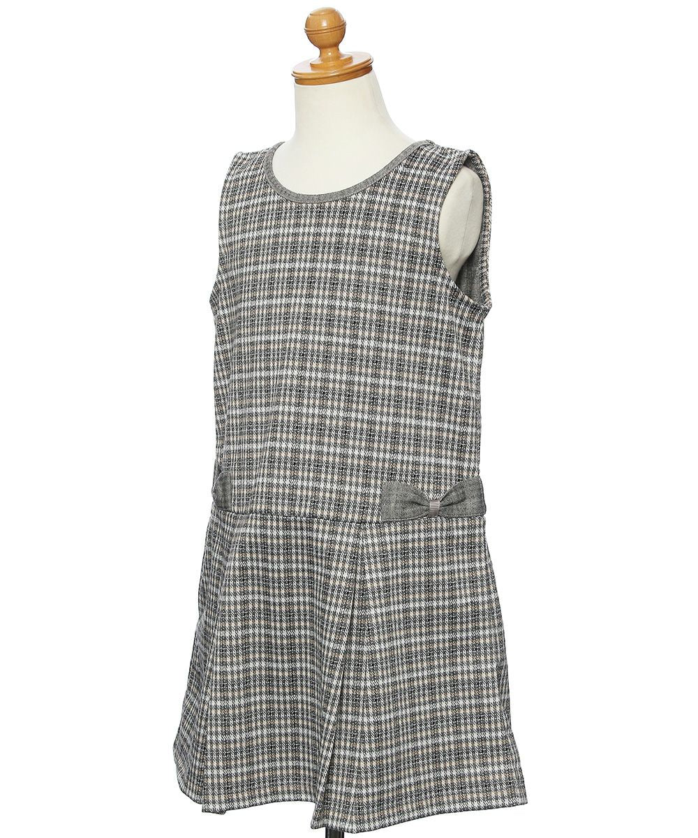 Pleated with check pattern Ribbon A line dress Gray torso