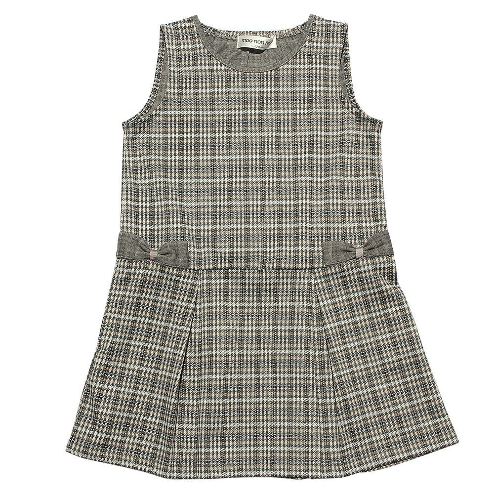 Pleated with check pattern Ribbon A line dress Gray front