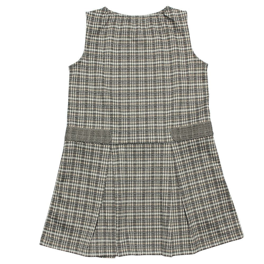 Pleated with check pattern Ribbon A line dress Gray back