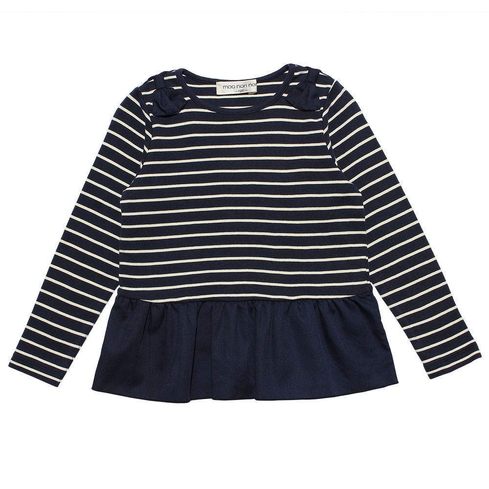 Frill T -shirt with border pattern ribbon Navy front