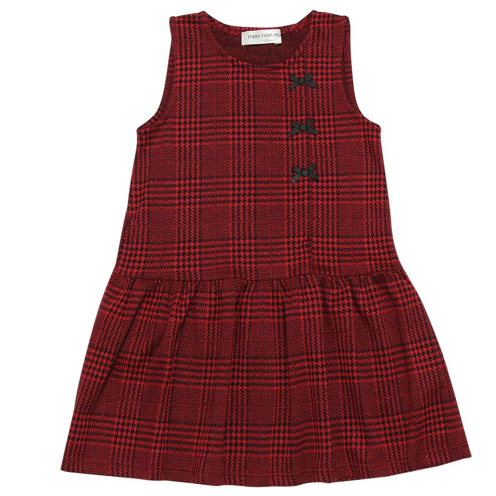 Gathered dress with check pattern ribbon Red front