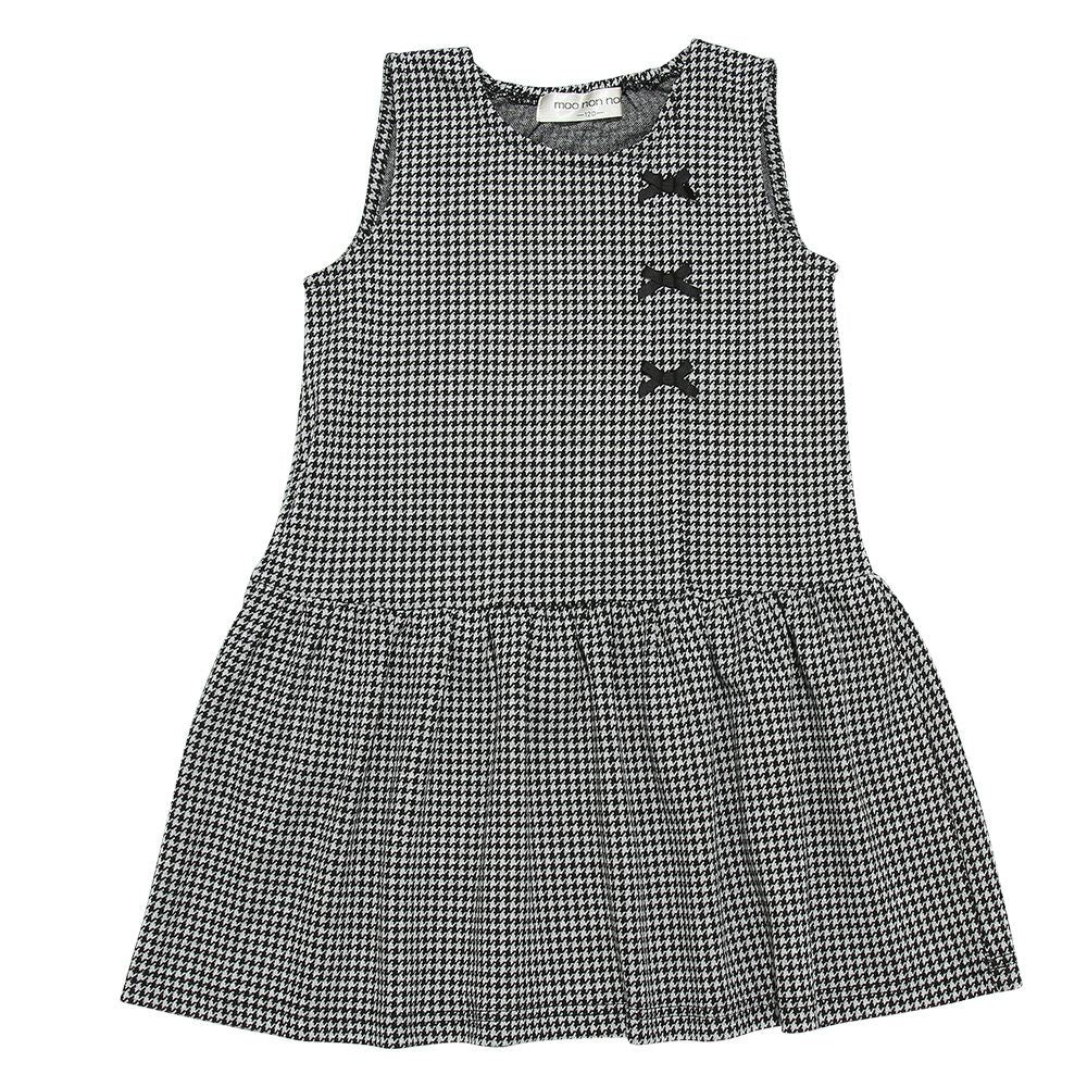 Gathered dress with check pattern ribbon White/Black front