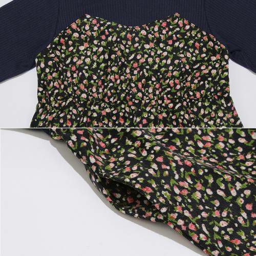 Bustier -style small floral pattern pocket docking dress Navy Design point 2