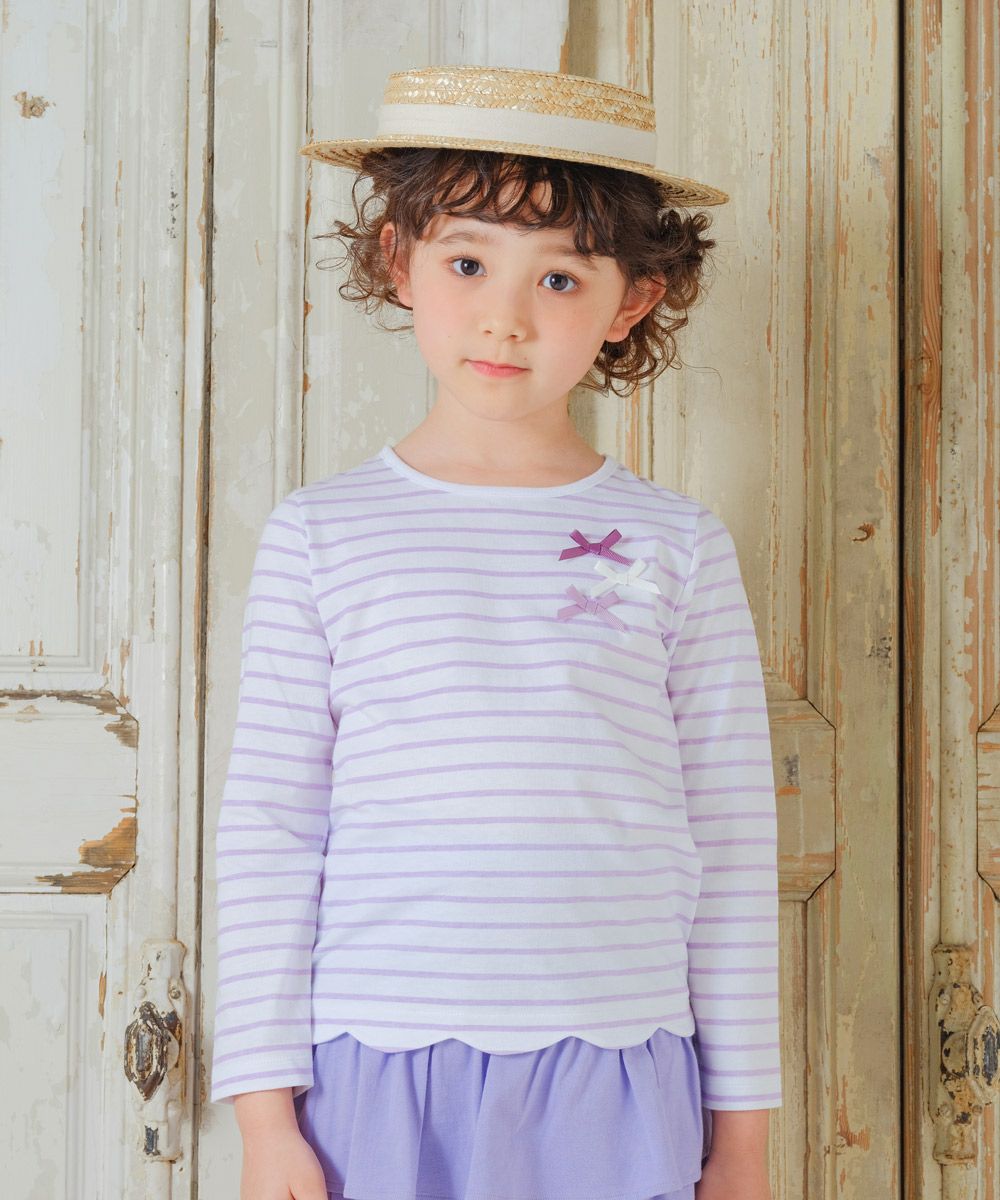 100 % cotton hem with ribbon hem scalap border long sleeve T -shirt 2023ss2 Purple model image 2