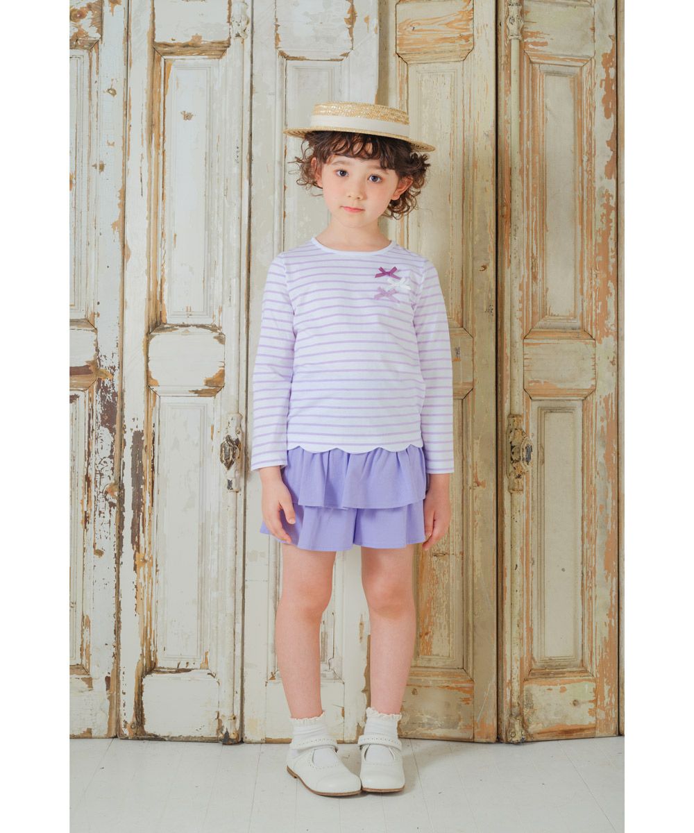 100 % cotton hem with ribbon hem scalap border long sleeve T -shirt 2023ss2 Purple model image 3
