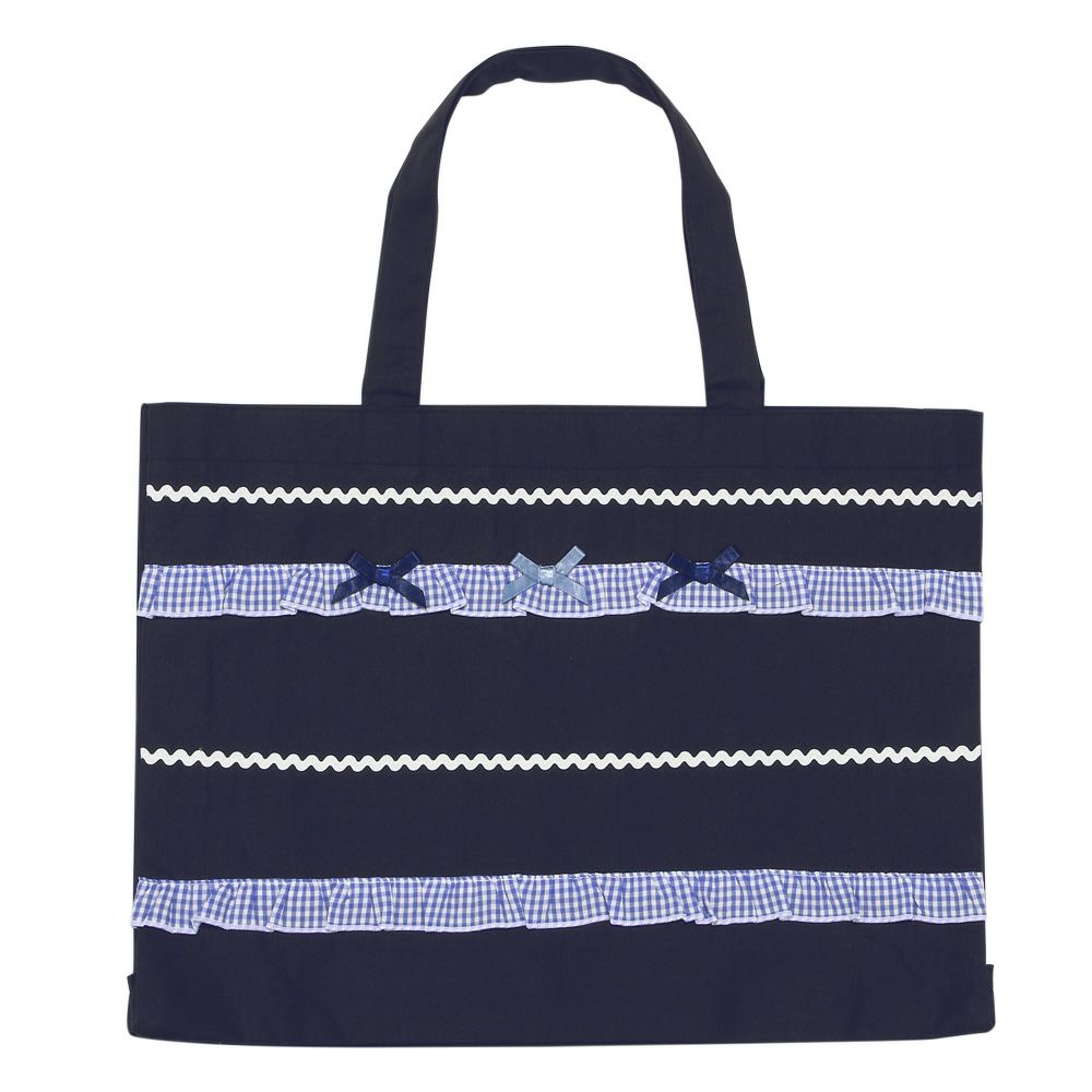 Tote bag with gingham check frill ribbon 2023ss2 Navy front