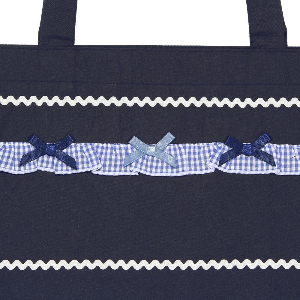 Tote bag with gingham check frill ribbon 2023ss2 Navy Design point 1