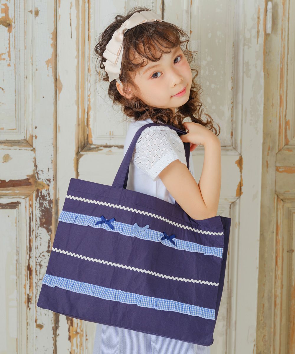 Tote bag with gingham check frill ribbon 2023ss2 Navy model image 1